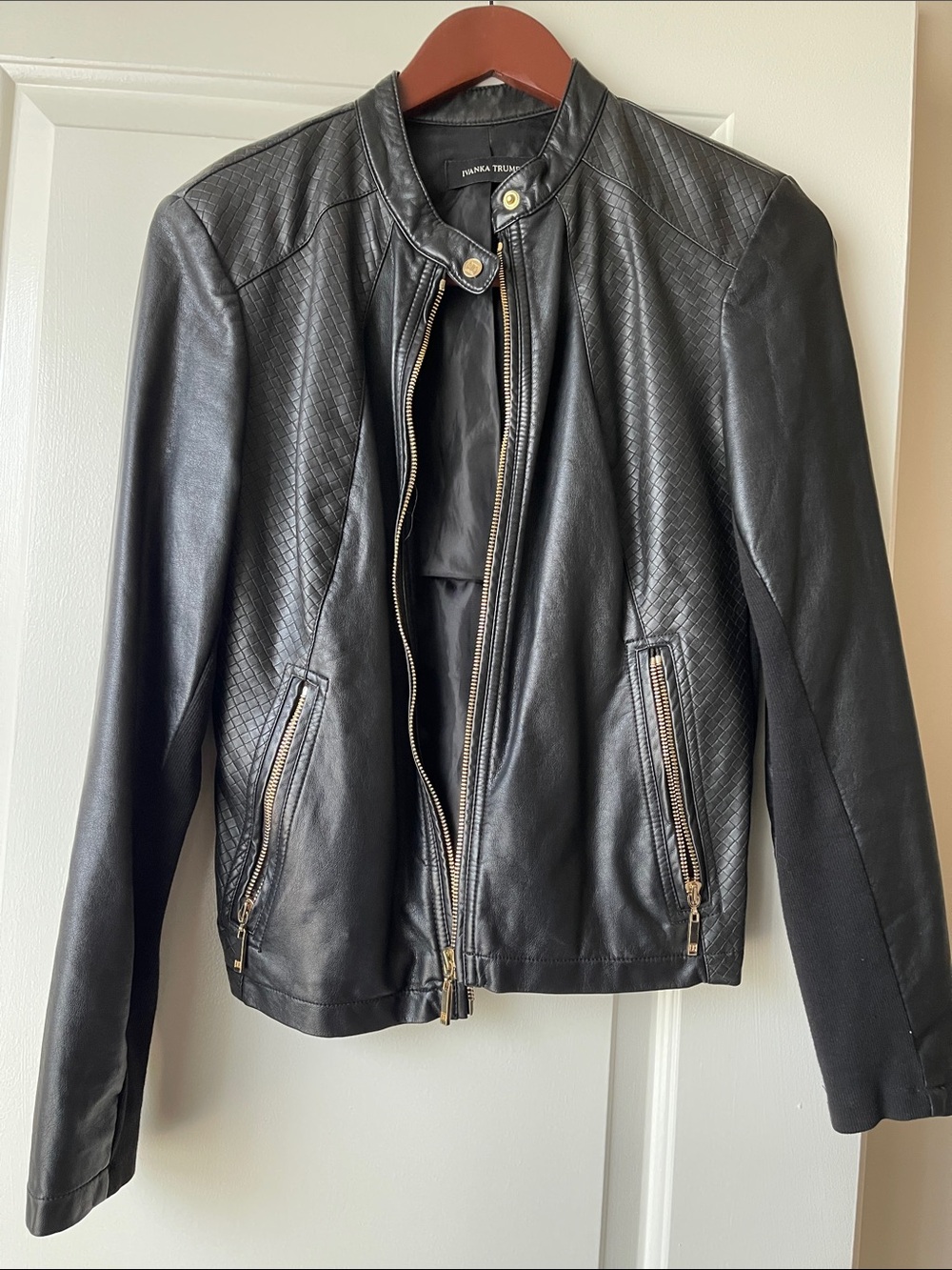 Ivanka Trump Black Quilted-Panel Leather Zip Front Jacket